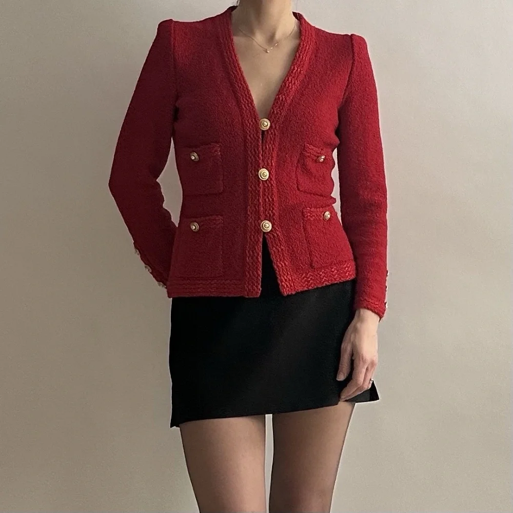 Vintage 80's Designer Adolfo Red Bouclé Wool Set with Lady Jacket & Skirt - Picture 2 of 12